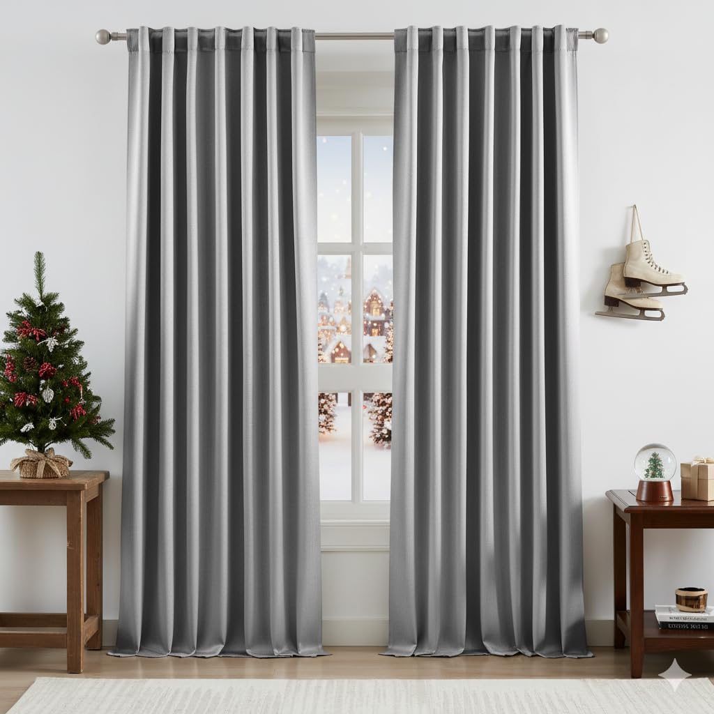 Bujasso Gray Jacquard Blackout Window Curtain Panels, 54" Wx84 Lx2 | Back Tab Rod Pocket with Magnetic Tiebacks,Thermal Insulated,85% Room Darkening Light Blocking Drapes for Bedroom Living Room BST326H
