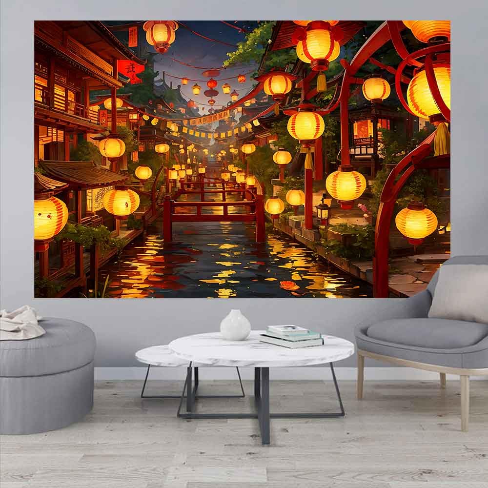 Ine Ive Japanese Tapestry Wall Hanging Large Size 93x71 Inch | Traditional Japan Streets filled with lanterns tapestry for Bedroom Living Room Dorm Office Restaurant Wall Decor BST202