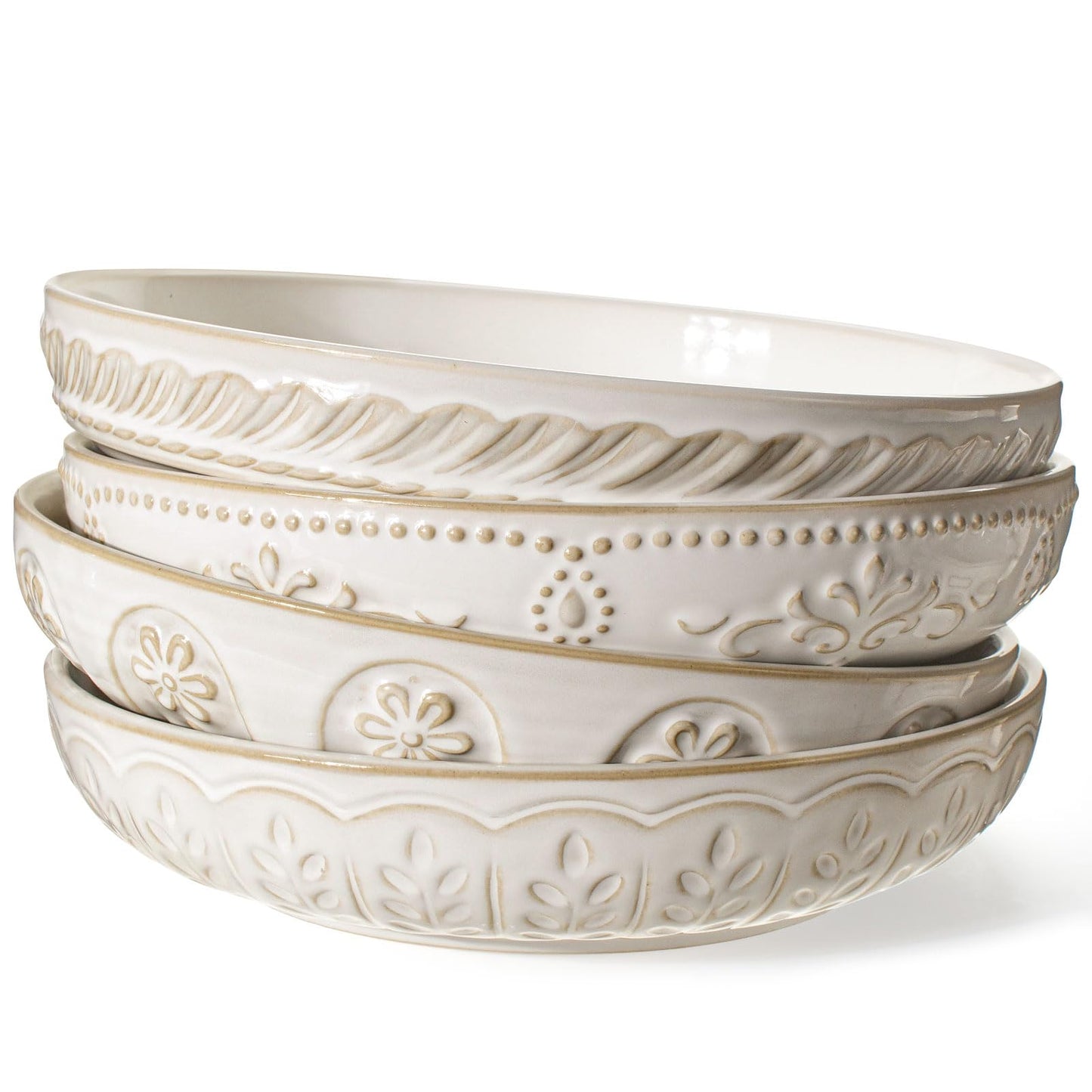 Artena Pasta Bowls, 50oz Large Salad Serving Bowls, 9.75'' Plates Bowls Set of 4, Big White Ceramic Soup Bowls for Kitchen, Embossment Shallow Dinner Bowl, Microwave Dishwasher Safe, Willow Leaf BST326H