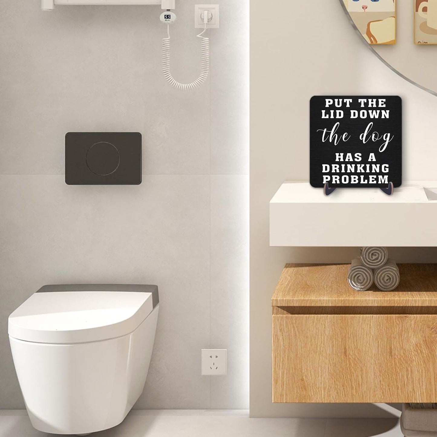 Funny Bathroom Sign Decor, Art Decor for Bathroom Shelf Toilet Restroom, Put the Lid Down the Dog Has a Drinking Problem Sign, 5 Inch Black Decor Wood Plaque With Stand, Modern Bathroom Decor(zsmp37) WN420