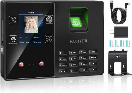 KUIIYER 4 in 1 Employees Time Clocks for Small Business (Face + Fingerprint + Palm Print + PIN) Employee Clock in & Out Machine Biometric Attendance Punch Clock Recorder Tracker (No Monthly Fee)