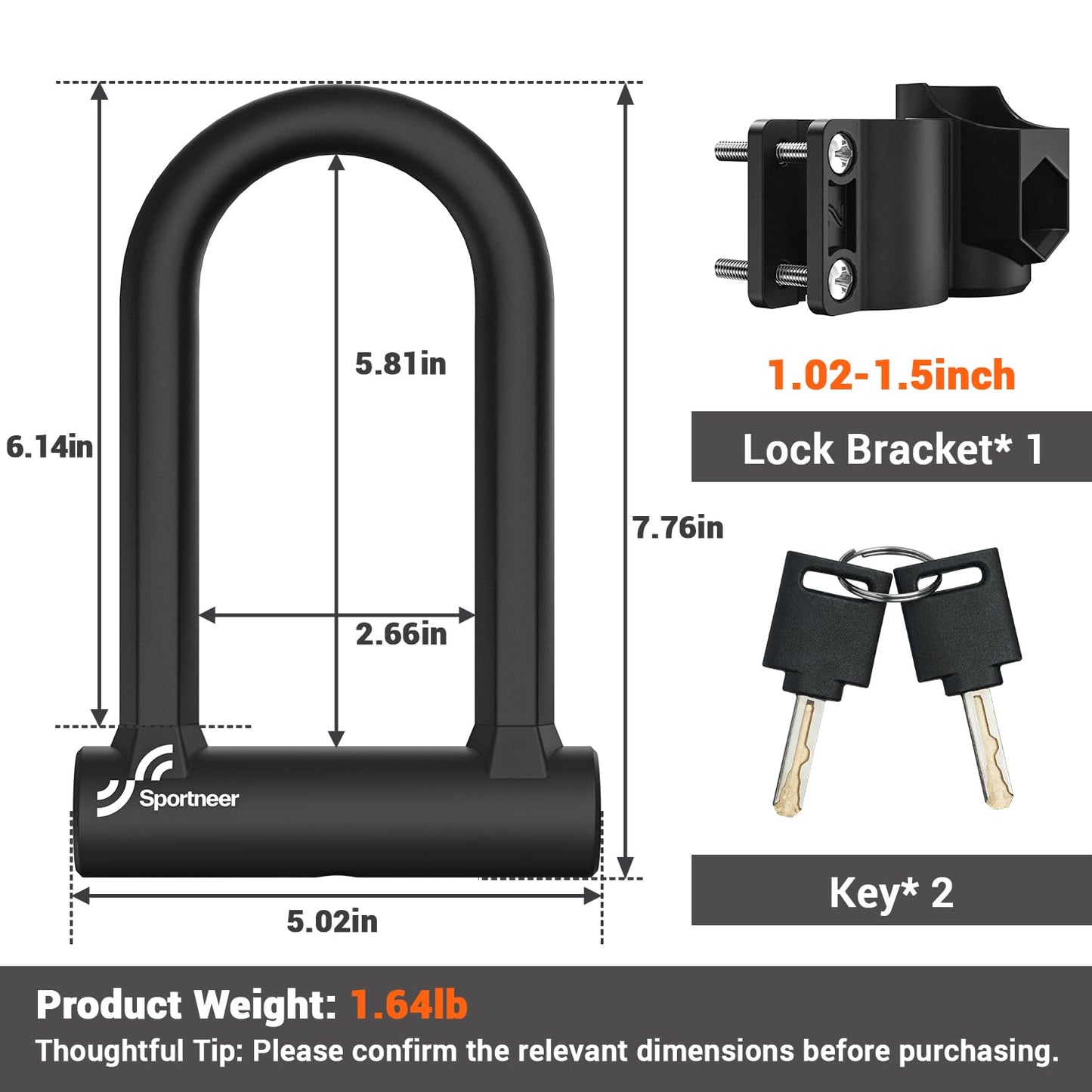 Sportneer Bike Lock: Heavy Duty Anti Theft Bike U Lock with 5ft Security Steel Cable - 17mm Shackle Bicycle U-Locks with 2 Keys & Mounting Bracket for Road Mountain Bike, Size 7.76''x5.02'', 1.64lb