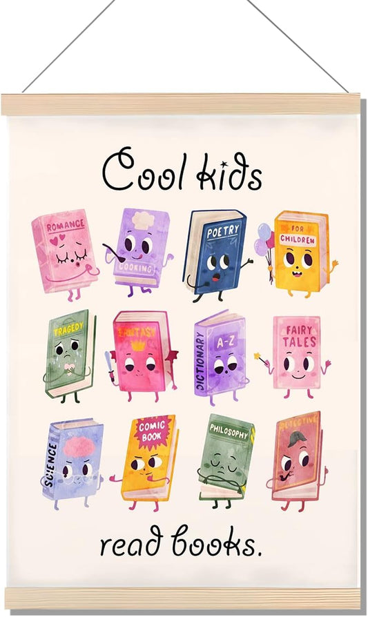 EVER-GOING TUNE Cool Kids Read Books Wall Art Poster, Cute Cartoon Book Characters Decor, Watercolor Book Lovers Art for Kids Room Classroom Library,12X16Inches BST326H