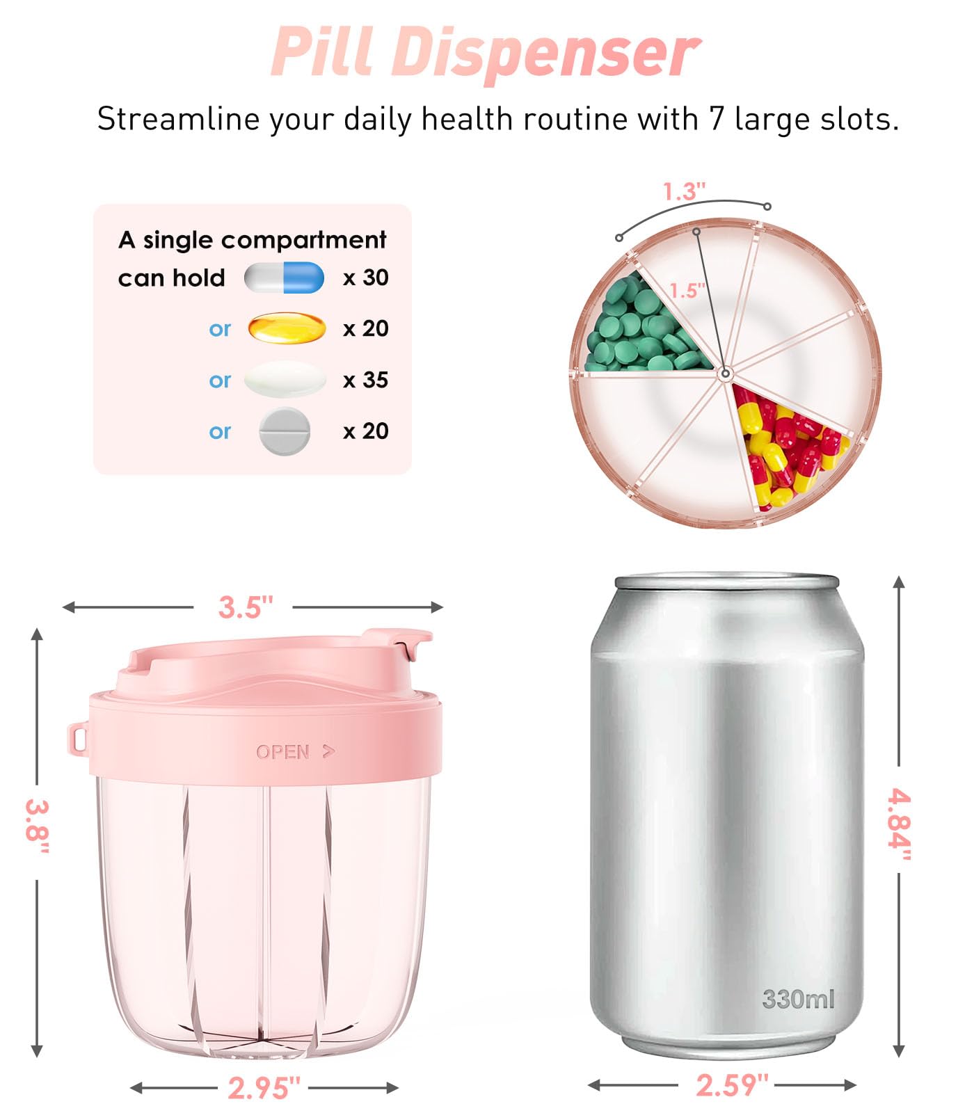 Cute Pill Organizer,Pill Dispenser with 7 Large Compartments,Portable Pill Bottle Box with Wide Opening for Easy Use, Anti-Mix Pills Organizer for Travel,Includes 20 Pcs Sticky Labels(Black) WN420