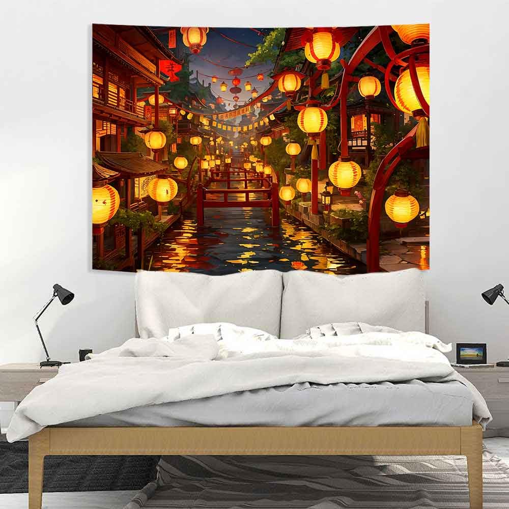 Ine Ive Japanese Tapestry Wall Hanging Large Size 93x71 Inch | Traditional Japan Streets filled with lanterns tapestry for Bedroom Living Room Dorm Office Restaurant Wall Decor BST202