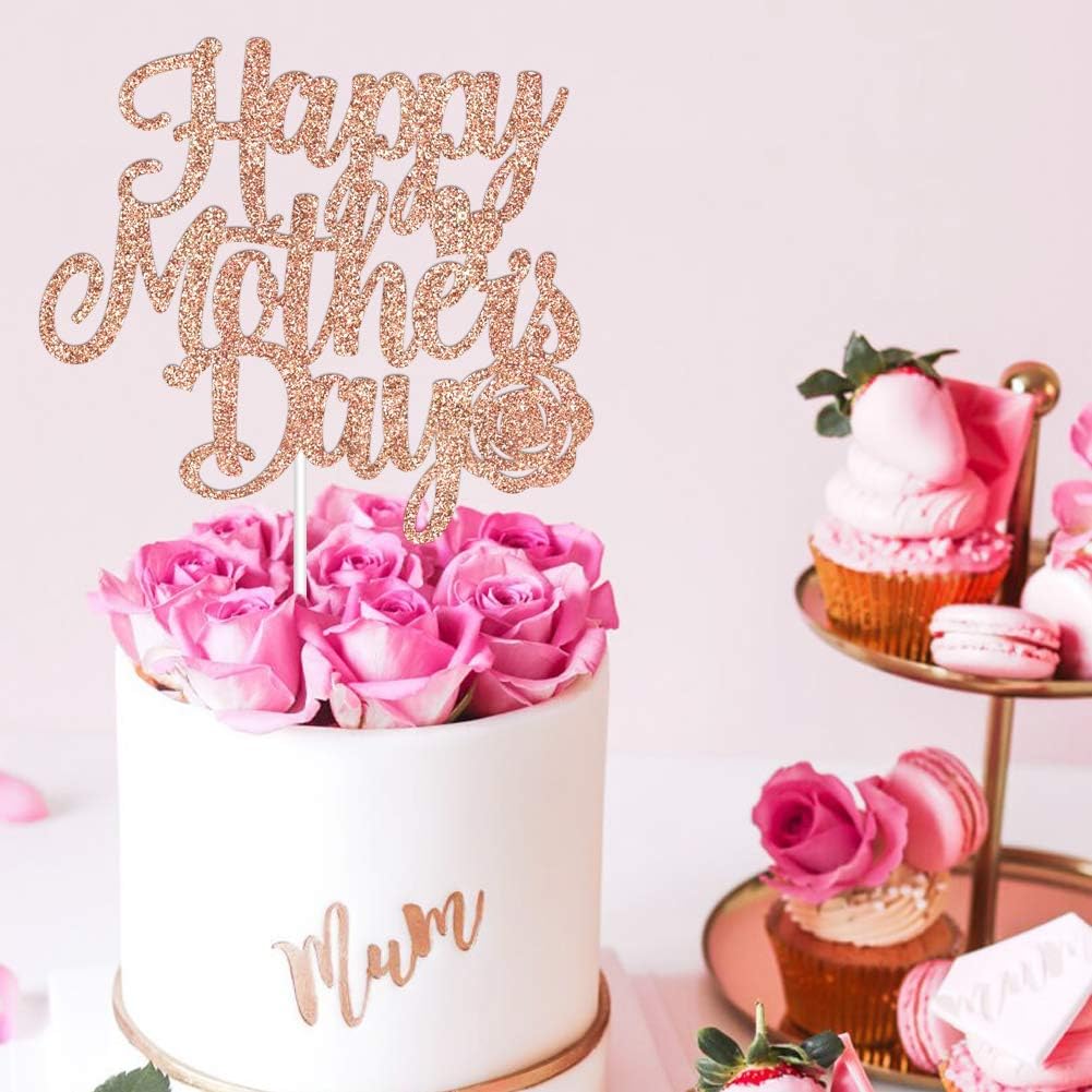 Happy Mother's Day Cake Topper - Rose Gold Glitter Cake Decorations I Love Mom Thanks Mom Home Celebrate Party Decor centerpiece Mothers Day Gift(DOUBLE-SIDED Paper) BST326L