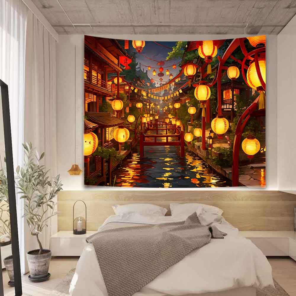 Ine Ive Japanese Tapestry Wall Hanging Large Size 93x71 Inch | Traditional Japan Streets filled with lanterns tapestry for Bedroom Living Room Dorm Office Restaurant Wall Decor BST202