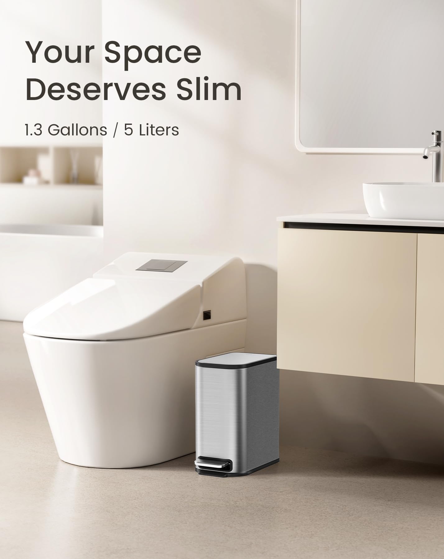 Cesun Small Bathroom Trash Can with Lid Soft Close, Step Pedal, 5 Liter / 1.3 Gallon Stainless Steel Garbage Can with Removable Inner Bucket, Waste Basket for Bathroom, Bedroom (White) DD1210