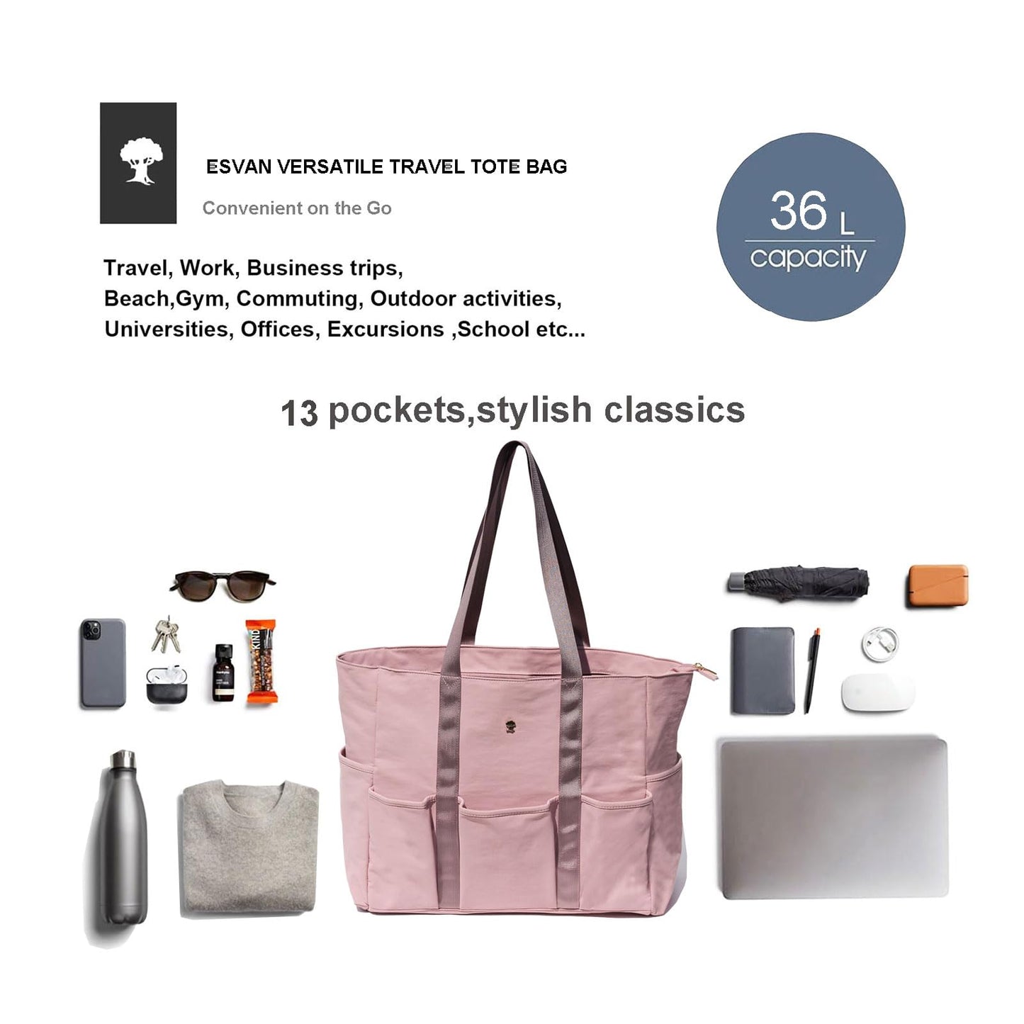 ESVAN Utility Tote Bag Weekender Duffle Bag with 13 Pockets - Perfect for Travel, Work, Gym, Beach, Teachers, and Nurses BST326H