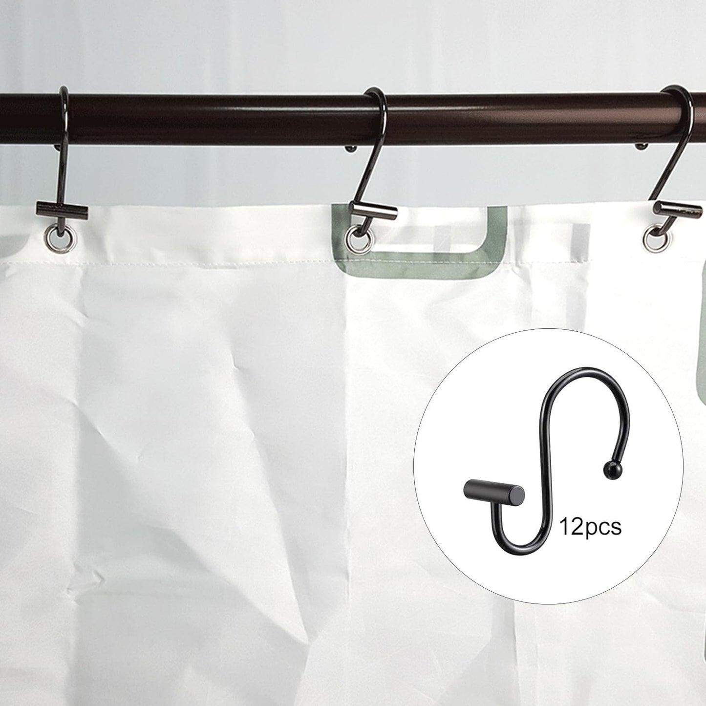 Black Shower Curtain Hooks S Hooks for Hanging Shower Hooks 12 Pack Metal Rustproof Rings with T-Bar Design, Elegant & Durable, Easy to Install for Bathroom, Kitchen, or Wardrobe Rods Curtain Rings BST220