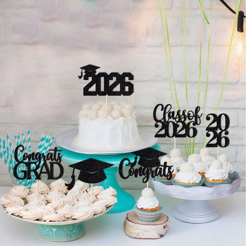 24Pcs Graduation Cupcake Topper, Glitter Class of 2026 Cupcake Topper Supplies for 2026 Congrats Grad Cap Diploma Cake Decor Graduate Celebration Party Cake Decorations Supplies (Black - 24) BST326L