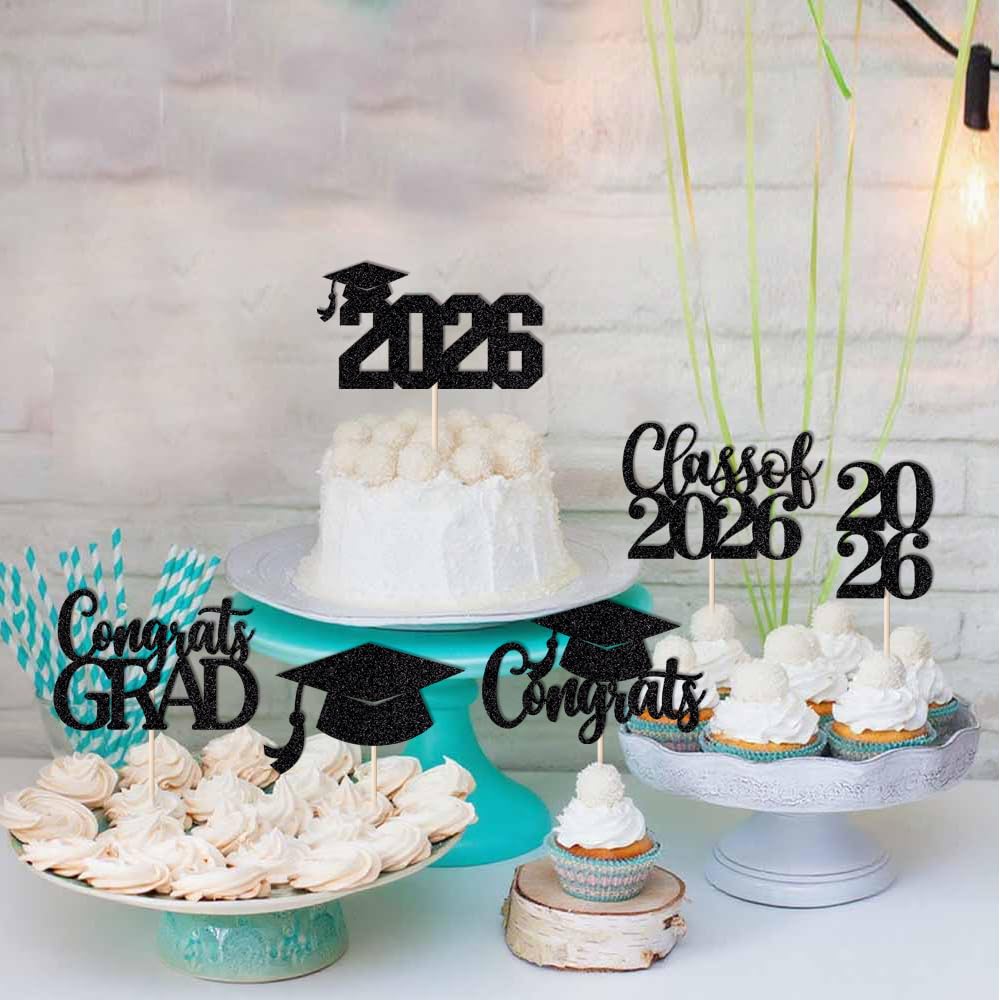 24Pcs Graduation Cupcake Topper, Glitter Class of 2026 Cupcake Topper Supplies for 2026 Congrats Grad Cap Diploma Cake Decor Graduate Celebration Party Cake Decorations Supplies (Black - 24) BST326L