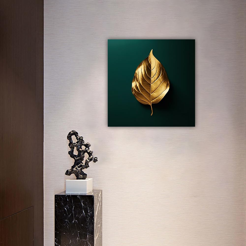 LURENCZH Leaf Canvas Wall Art Golden Leaf Picture Prints Green and Gold Paintings for Living Room Bedroom Decor Framed Ready to Hang(Green-1,12.00" x 12.00") BST326H
