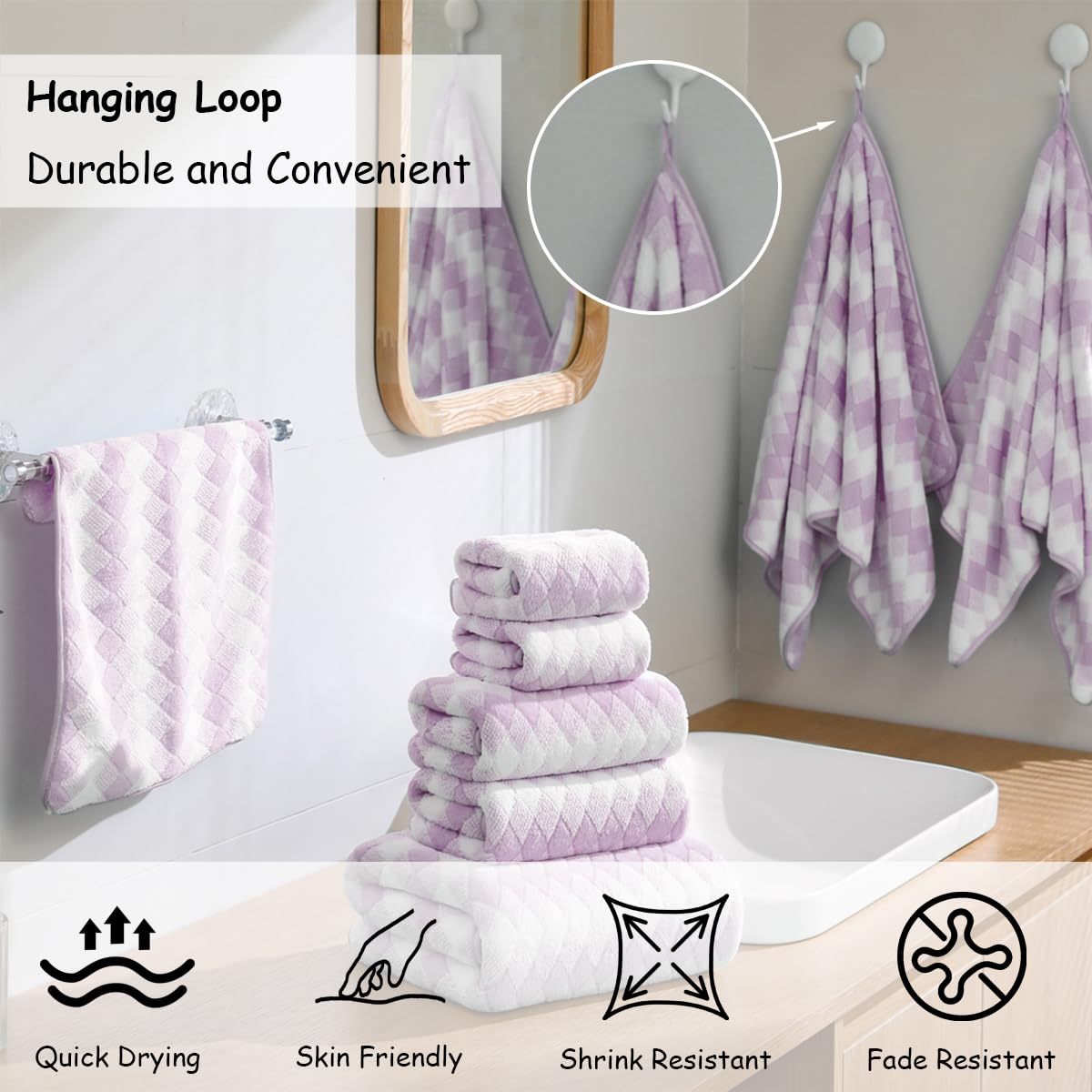 12 Pcs Light Gray Diamond Towel Set-4 Bath Towels,4 Hand Towels,4 Washcloths Soft Polyester Towels with Loop Absorbent Shower Towel Quick Dry Beach Chair Towel Family Towels for Bathroom Spa Gym Pool BST220