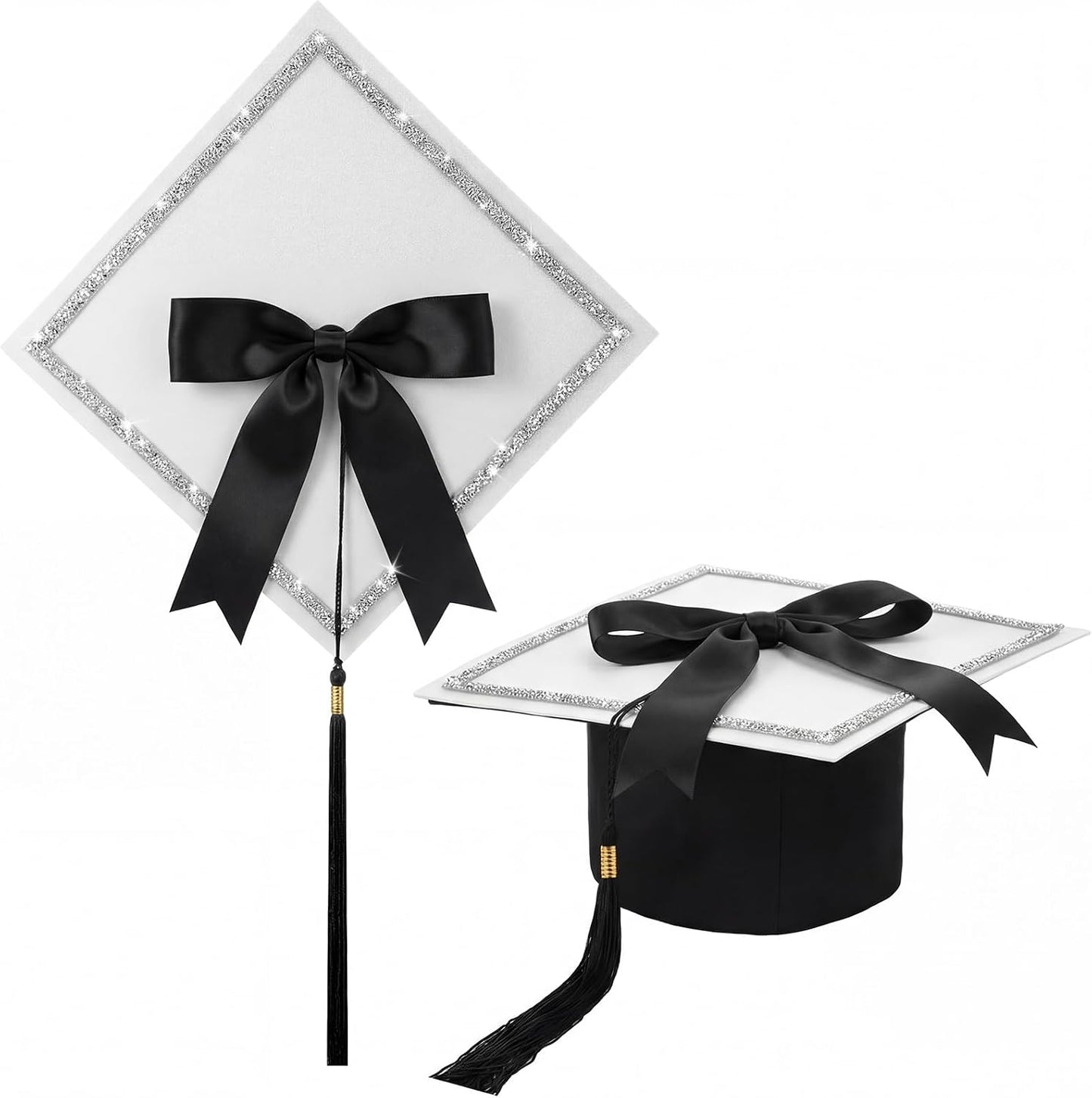 Dunzoom White DIY Graduation Cap Decorations Kit Rhinestone Grad Cap Topper with Tassel Black Bow Glitter Graduation Hat for Class of 2026 Graduate Ceremony Adult Grad Party Gift Art Craft WN420