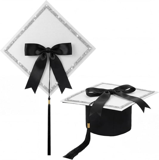 Dunzoom White DIY Graduation Cap Decorations Kit Rhinestone Grad Cap Topper with Tassel Black Bow Glitter Graduation Hat for Class of 2026 Graduate Ceremony Adult Grad Party Gift Art Craft WN420