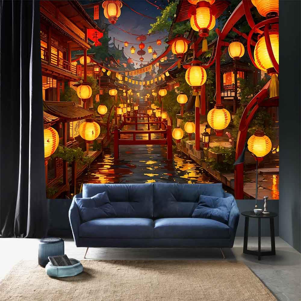 Ine Ive Japanese Tapestry Wall Hanging Large Size 93x71 Inch | Traditional Japan Streets filled with lanterns tapestry for Bedroom Living Room Dorm Office Restaurant Wall Decor BST202