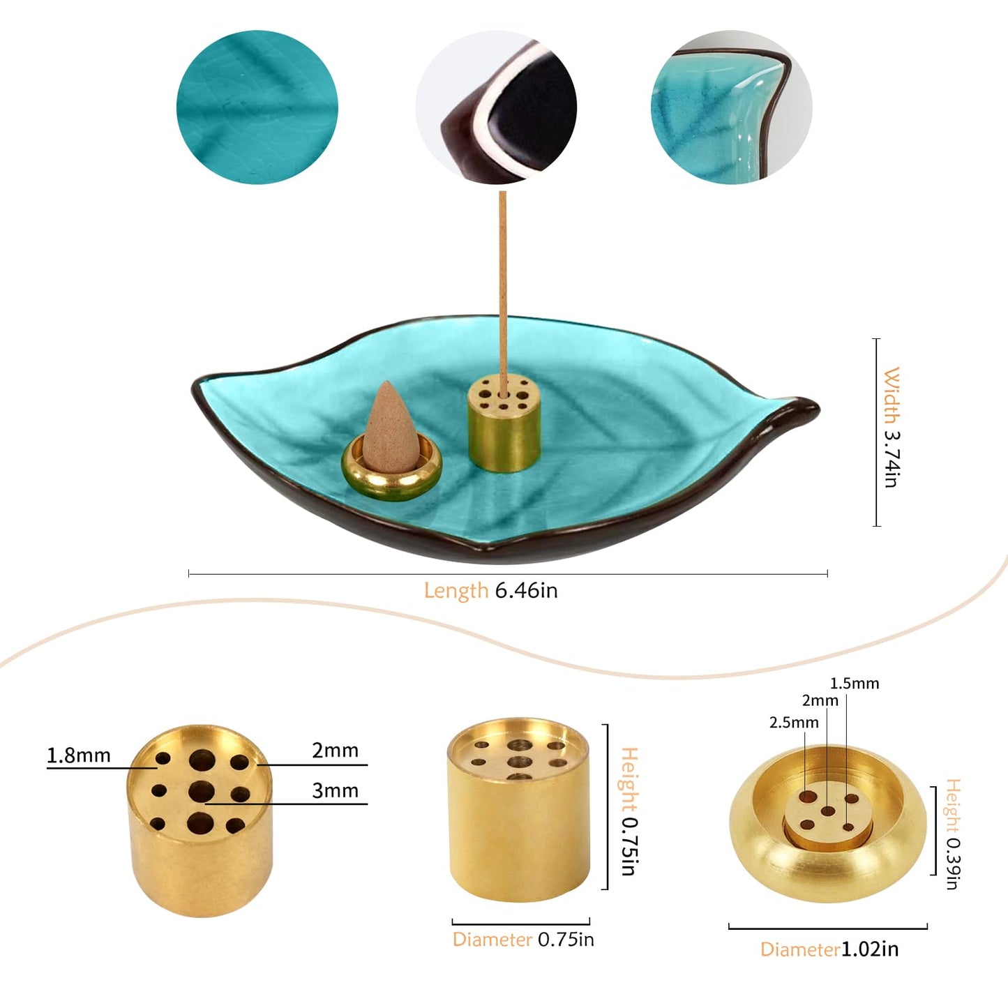 Incense Holder for Sticks (9 Holes) and Cones, Handmade Ceramic Incense Ash Catcher for Meditation, Yoga, SPA Days, Relaxing, Home Decor, Candle Holder, Easy to Clean, Leaf-Shape (Blue) BST220