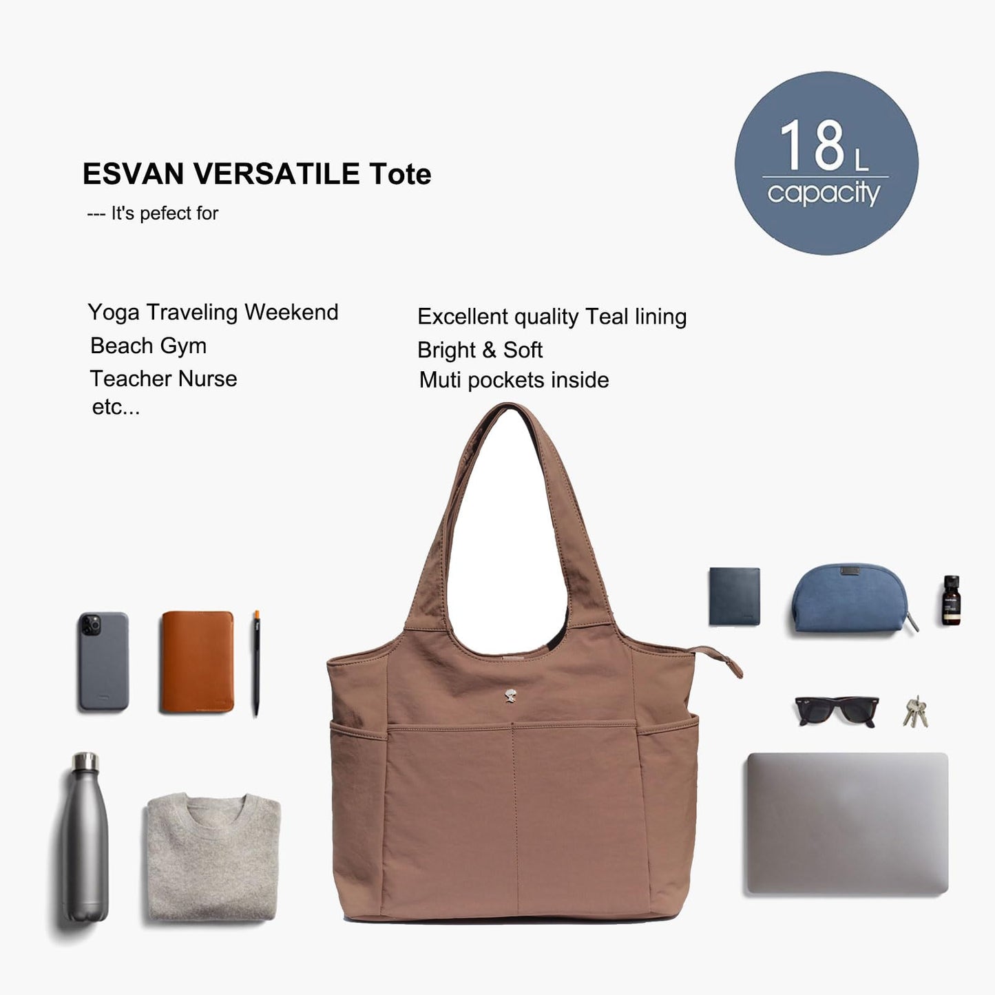 ESVAN Yoga Tote Bag Mat bag Women Shoulder Bags Carryall Tote for Travel Office Workout Gym Nurse Beach BST326H