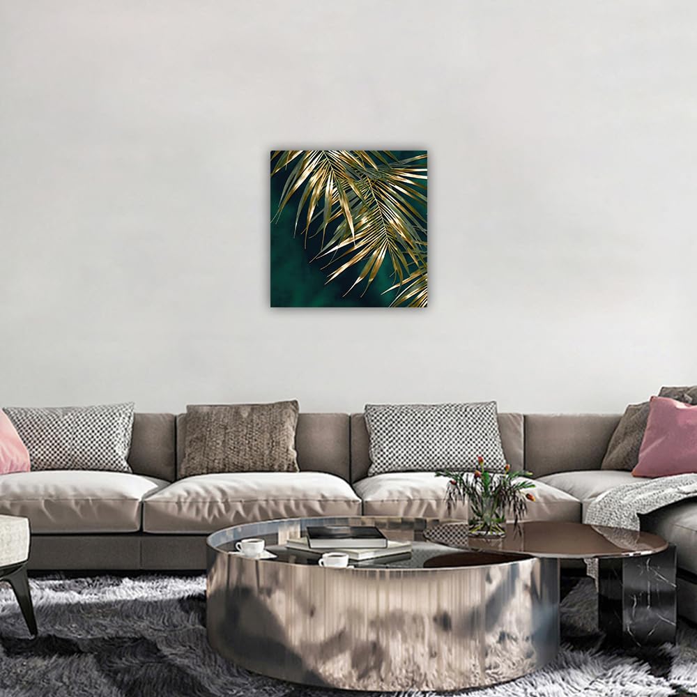 LURENCZH Leaf Canvas Wall Art Golden Leaf Picture Prints Green and Gold Paintings for Living Room Bedroom Decor Framed Ready to Hang(Green-1,12.00" x 12.00") BST326H