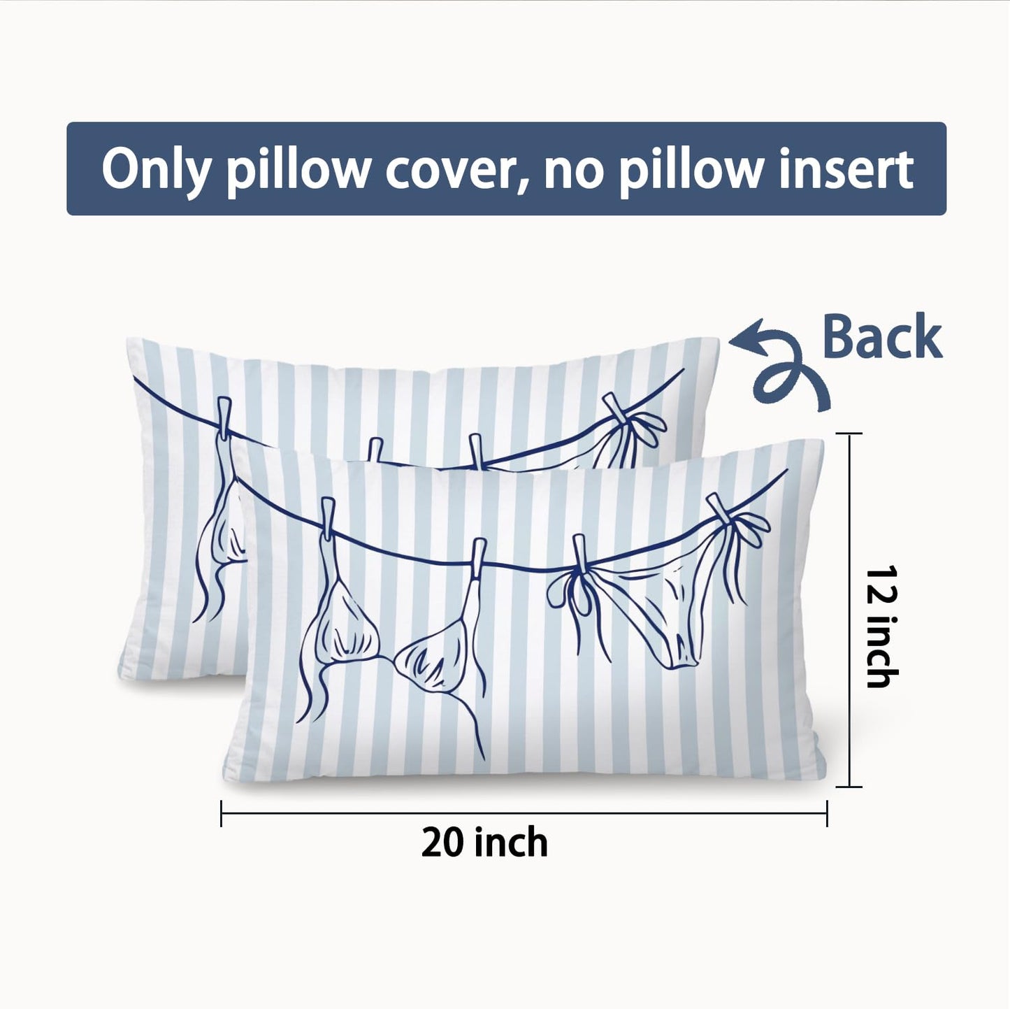 Coastal Beach Girly Room Decor 12x20 Pillow Cover, Preppy Beach Navy Blue Bikini Striped Decorative Lumbar Pillow Covers for Girls Bedroom College Dorm Sofa Couch BST326L