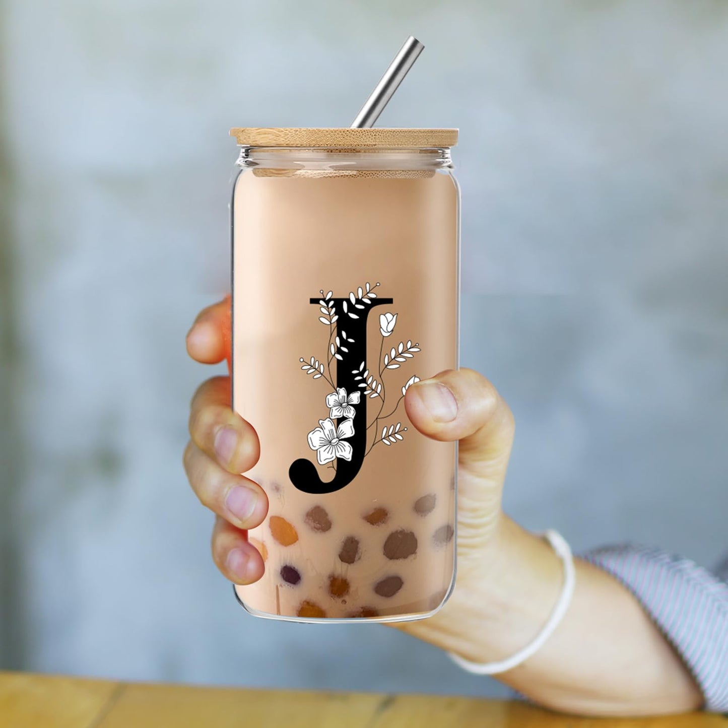 Monogrammed Initial Glass Cup with Lids and Straws gift for Women | Personalized Gift Set with Doll, 16 Oz Ice Coffee Cup ,reusable glass tumbler,Birthday Christmas Gift for Her,U WN420