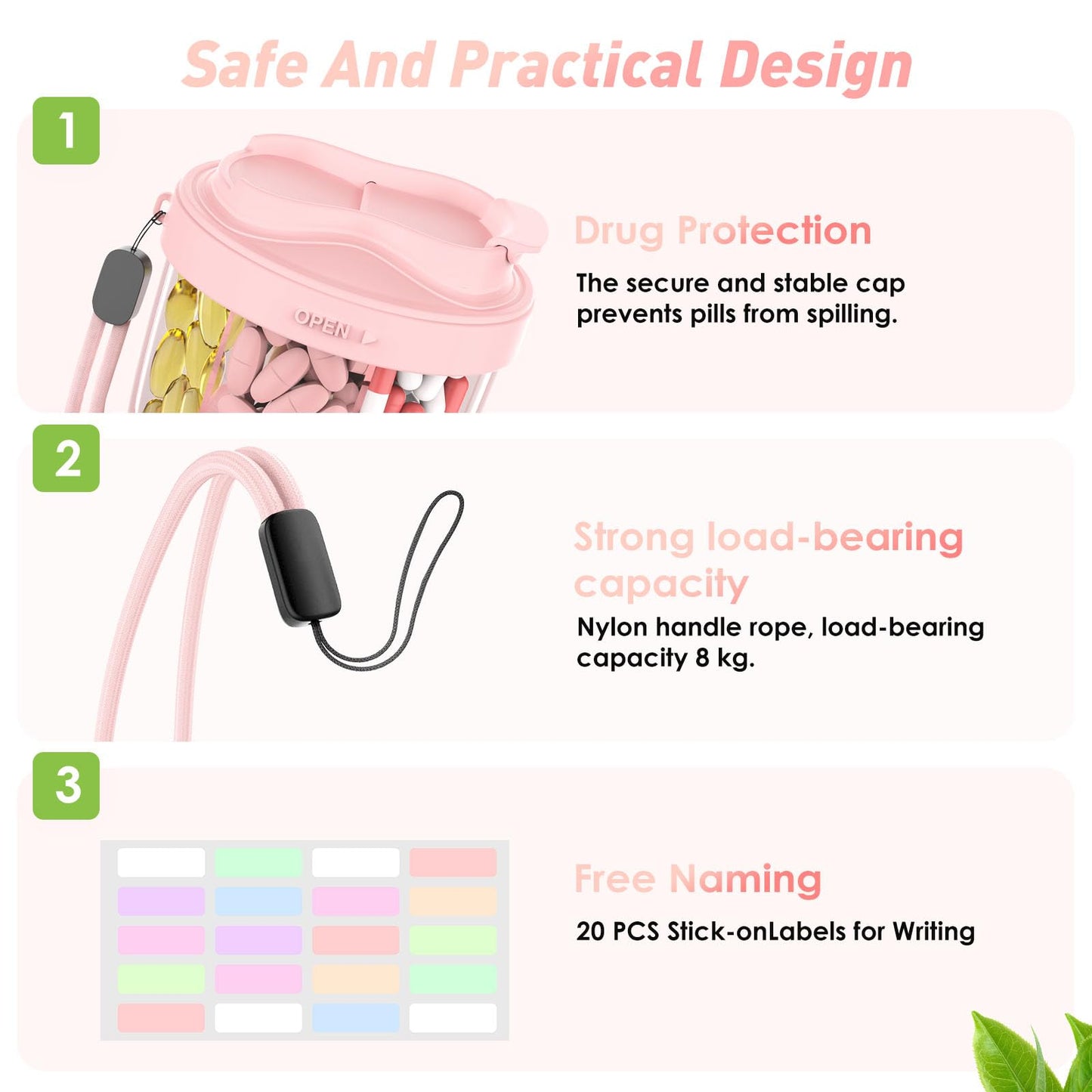 Cute Pill Organizer,Pill Dispenser with 7 Large Compartments,Portable Pill Bottle Box with Wide Opening for Easy Use, Anti-Mix Pills Organizer for Travel,Includes 20 Pcs Sticky Labels(Black) WN420