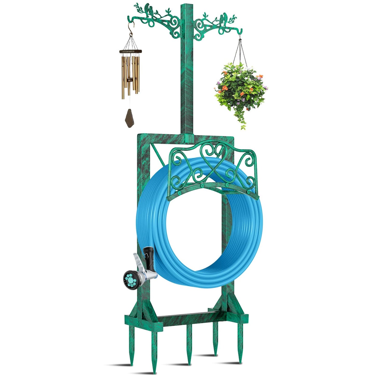 Garden Hose Holder, Freedstanding Heavy Duty Garden Water Hose Holder Stand with 2 Shepherds Hooks, Detachable Metal Hose Storage Hanger Rack for Outside Yard Lawn Farm DD1210