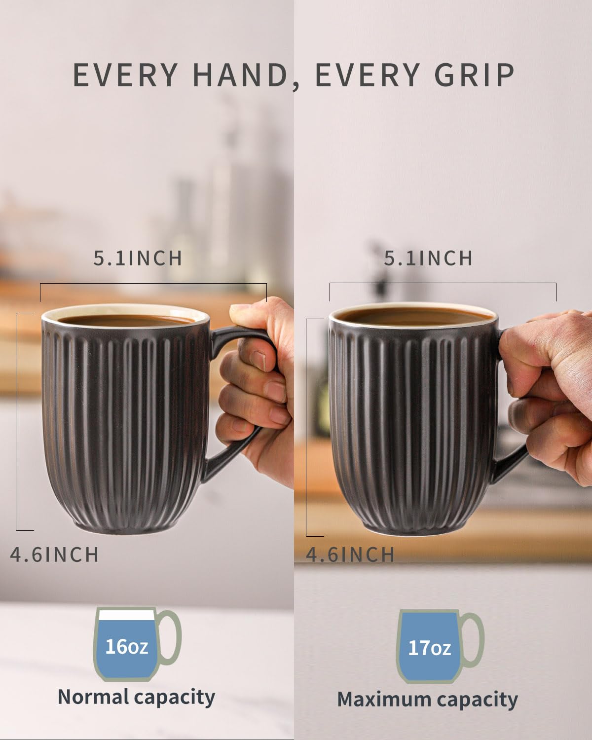 HASENSE Textured Large Coffee Mugs Set of 4, 16 Oz Ribbed Ceramic Cups with Large Handle for Latte Tea Cappuccino, Stackable Embossed Mug Set for Mom Dad, Microwave Dishwasher Safe, Creamy White BST220