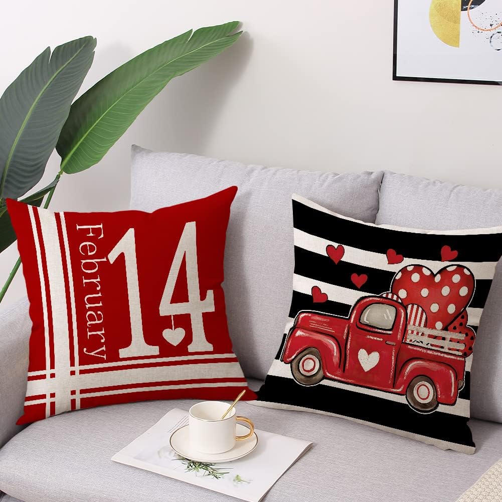 Valentines Day Pillow Covers 18x18 Set of 4 Polka Dot Love Heart Stripe Red Truck Linen Cushion Covers Square Valentine's Day Decoration Pillowcase for Sofa in-Outdoor Home Décor BST326L