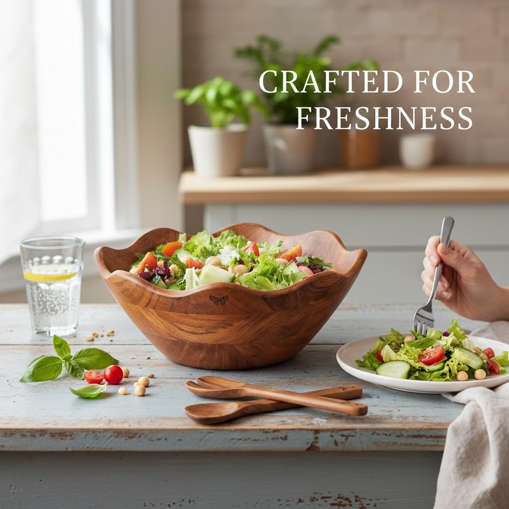 Melvvi Large Wooden Salad Bowl Set with 2 Serving Utensils | 12" Acacia Wood Bowls for Food | Great Mothers Day gift (Natural Set of 3) BST220