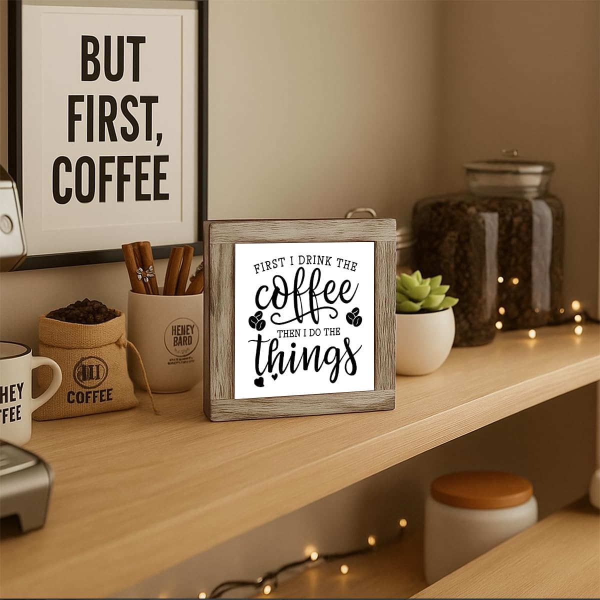 Funny Wooden Coffee Bar Decor Sign, Bar Decorations, in the Morning When Rise Give Me Jesus (and Coffee), Cafe Table Top Shelf Accessories, Cafe Signs Decor 5.9x5.9 Inches BST202