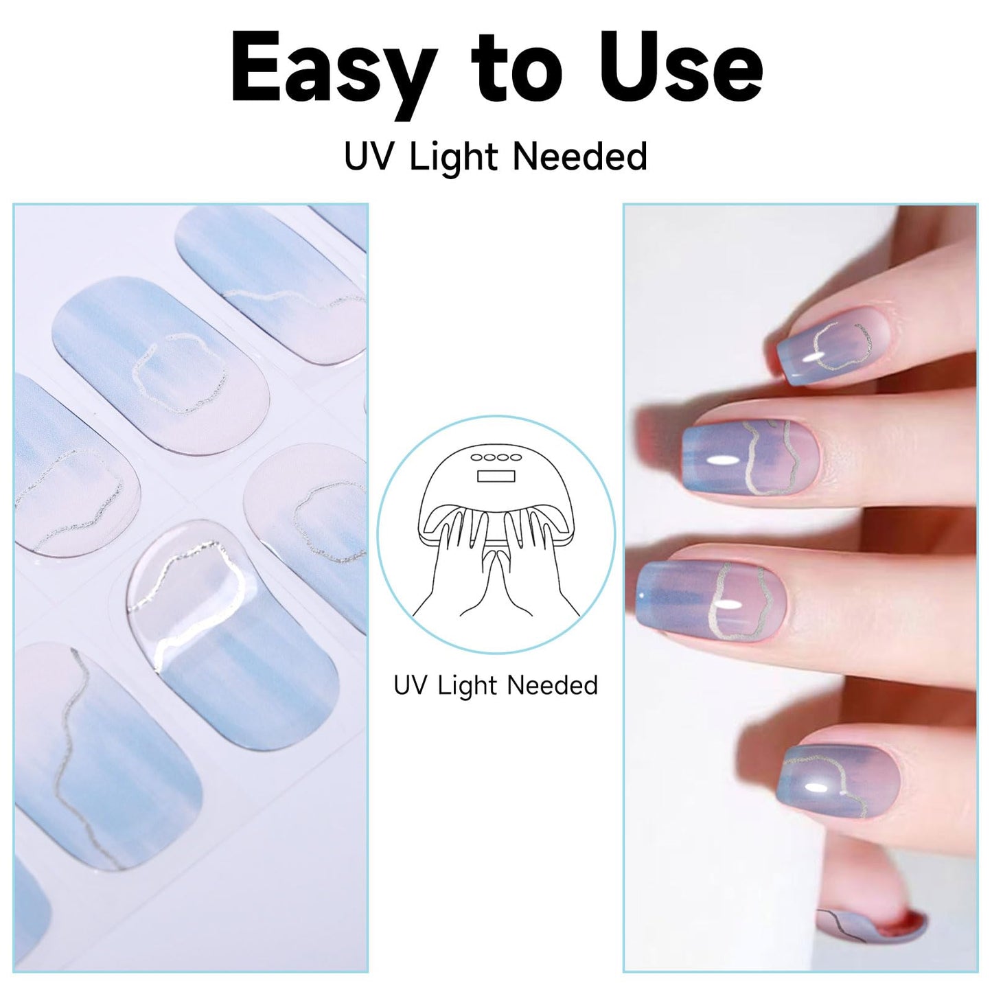 Semi Cured Gel Nail Strips, 56Pcs Nail Art Stickers/Wraps, Long Lasting UV Nail Polish Strips for Adults (Silver Rhinestones+French Tip Glitter) BST220