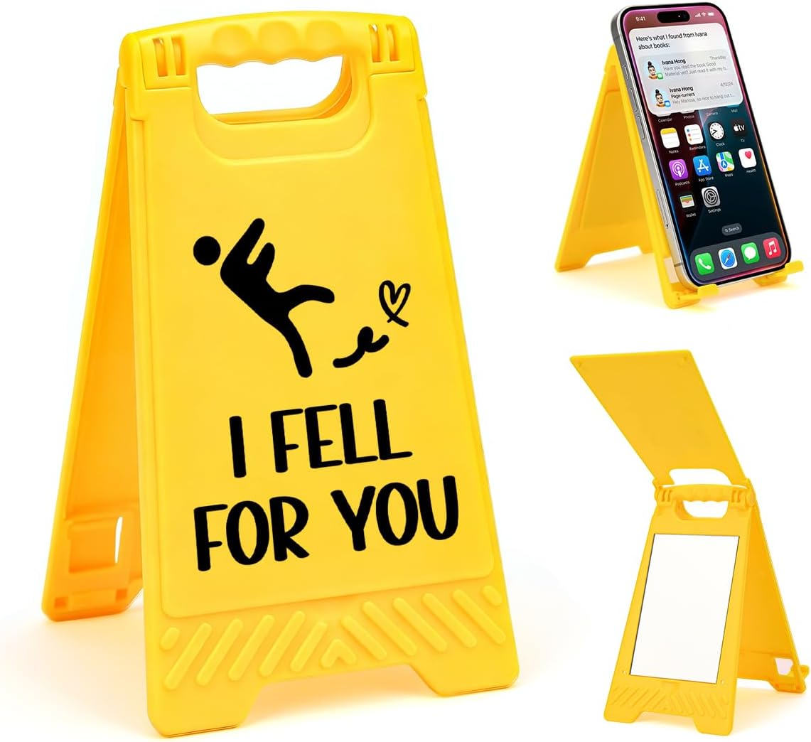 Valentine's Day I Fell For You Desk Sign Yellow Warning Style Table Decor Valentine's Day Gift for Boyfriend Girlfriend Husband Wife Tabletop Cubicle Phone Holder Mirror Stand BST202