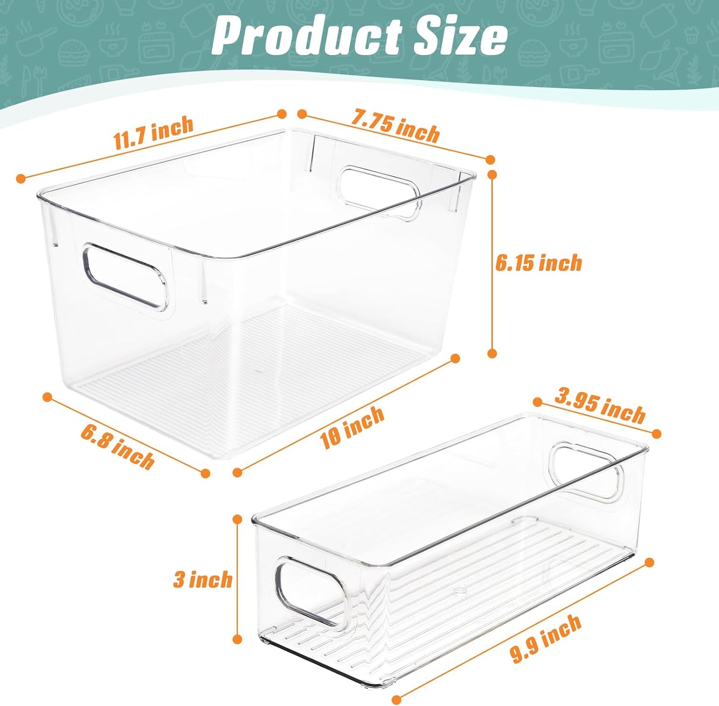 Set of 8 Clear Organizers and Storage Bins, 4 Large and 4 Small Stackable Plastic Storage Containers with Handles for Fridge, Freezer, Pantry, Cabinet, Kitchen Organization BST326H