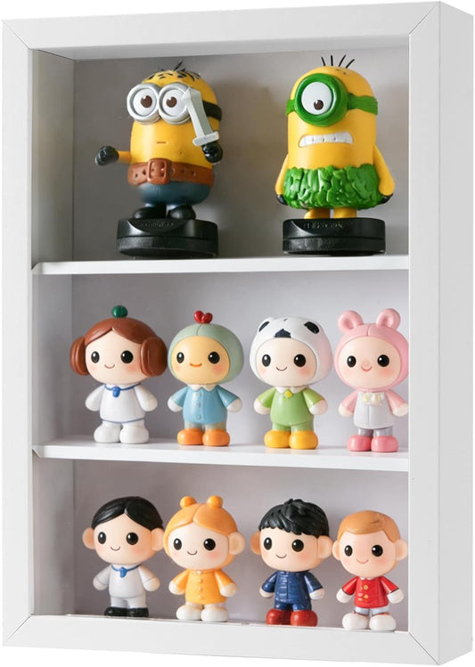 Small Display Case for Mini Figurines, Blind Box Toys | 2" Deep Shadow Box with Adjustable Shelves Tension-Fit DIY | Wall or Tabletop Stage for Stylized Vinyl Figures, Tiny Collectibles | White WN420