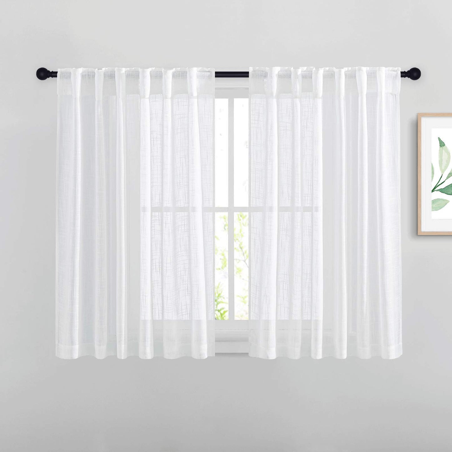 NICETOWN White Semi Sheer Kitchen Curtains 30 inch Length, Rod Pocket & Back Tab Faux Linen Blend Privacy with Light Filtering Window Drapes for Cafe, W34 x L30, 2 Panels BST220