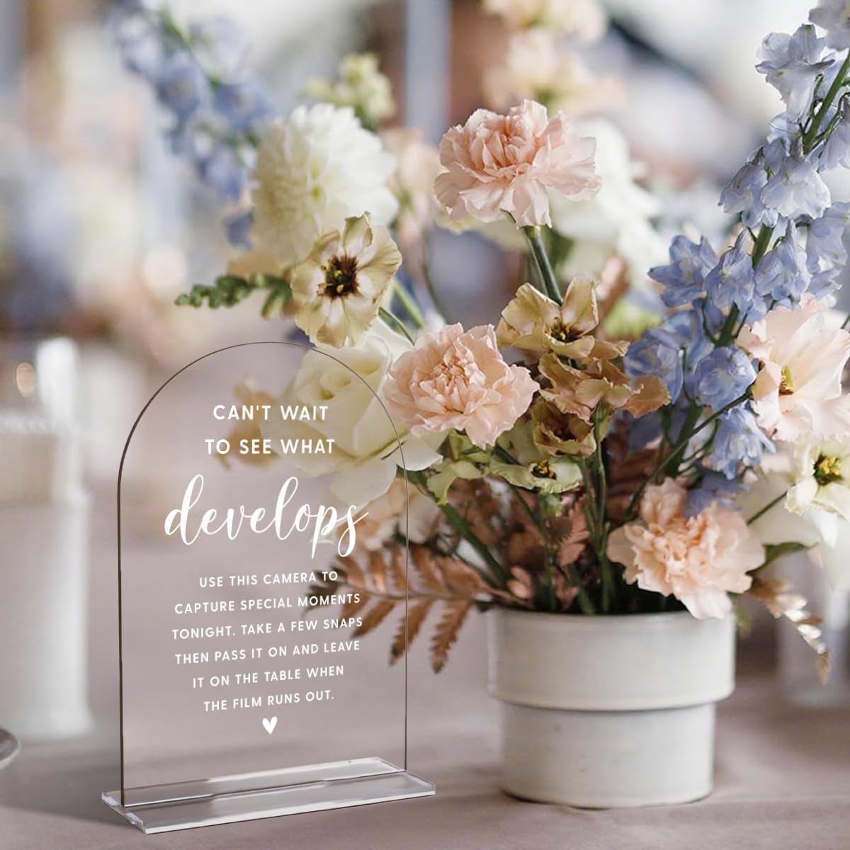 Acrylic Wedding Signs, Bridal Shower Decorations, Modern Arched Round Top Acrylic Table Top Sign with Holder for Wedding Reception Party Dinner - Can't Wait to See What Develops (Clear) BST326L