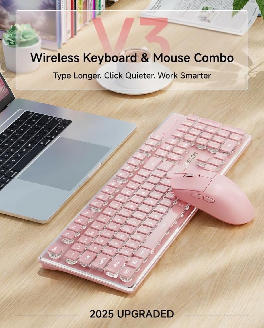 V3 Wireless Keyboard and Mouse with Single Backlit, Metal Panel, Bluetooth/2.4G Rechargeable Computer Keyboard and Mouse Combo Silent Lighted Full Size Cute Keyboards-White