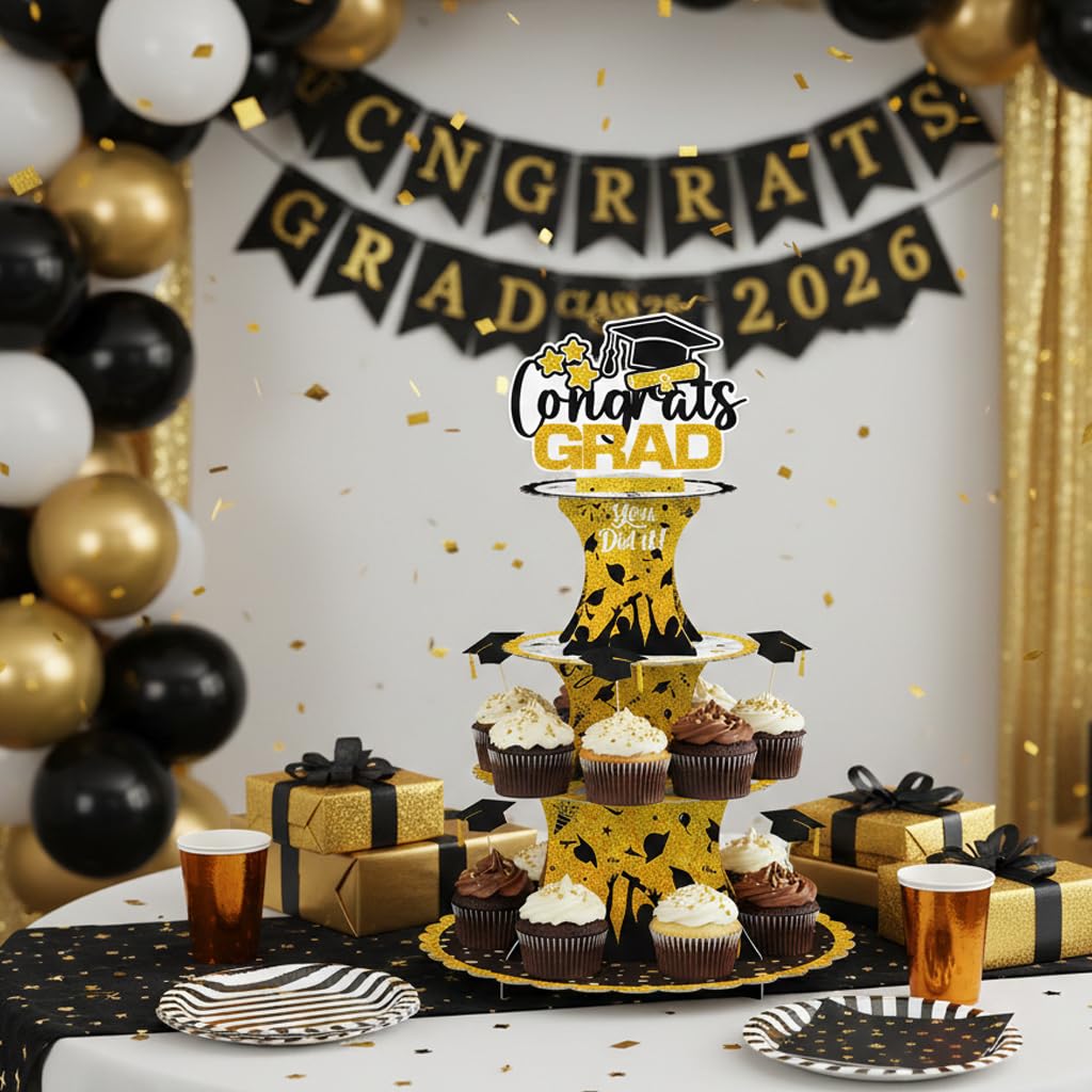Graduation Cupcake Stand Decoration, 3 Tier Congrats Grad Party Cupcake Holder Tower, Cardboard Grad Theme Dessert Cookies Stand for Graduation Party Supplies Favors (Black & Gold) BST220