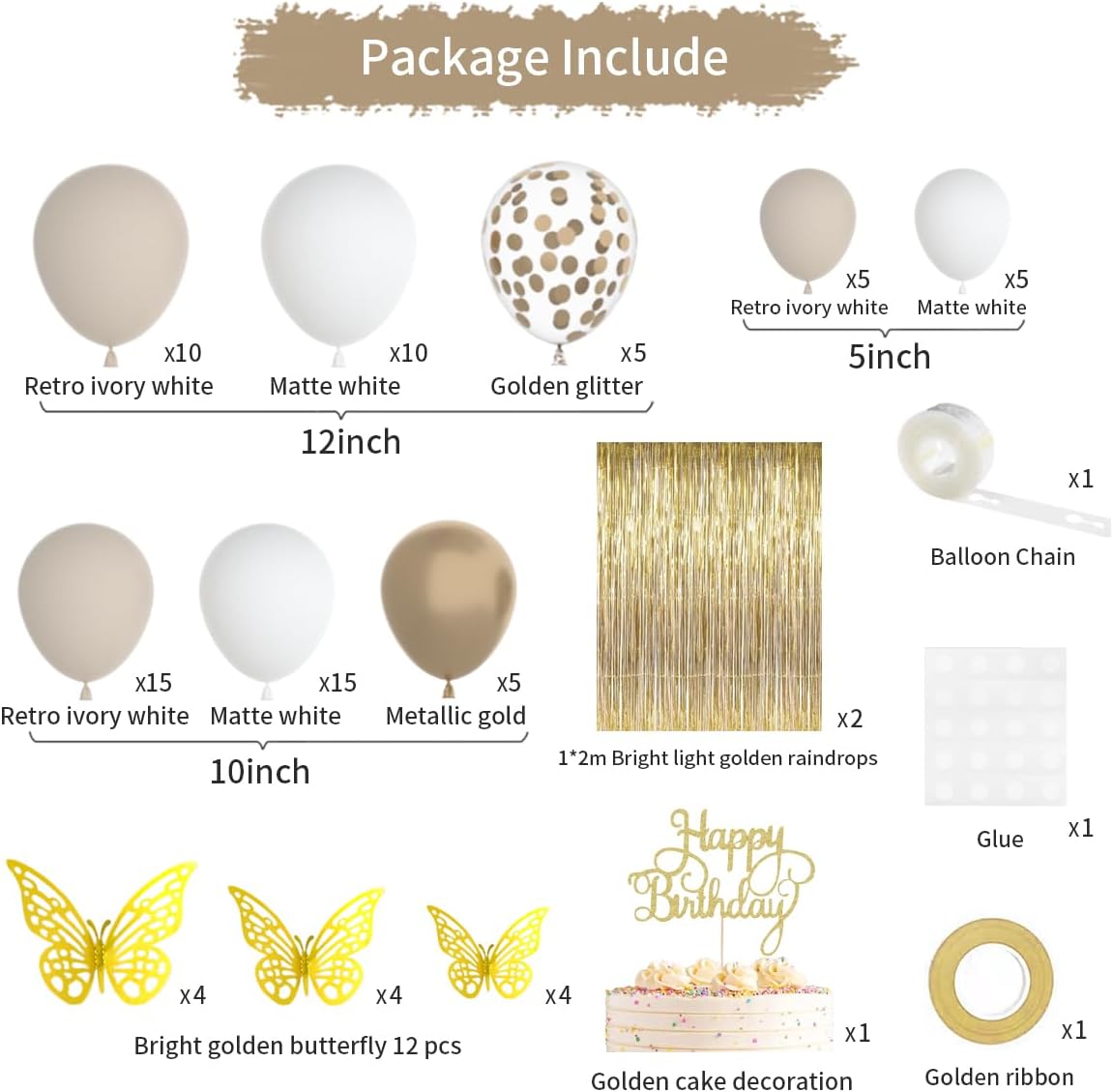 Gold Birthday Decorations for Women, Gold White Birthday Decorations Sand White Beige Neutral Gold Balloons Table Cloth Curtains Happy Birthday Banner Butterfly Boho Birthday Party Decorations BST326H