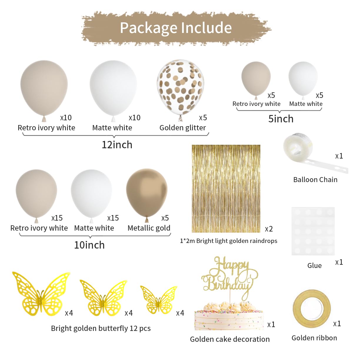 Gold Birthday Decorations for Women, Gold White Birthday Decorations Sand White Beige Neutral Gold Balloons Table Cloth Curtains Happy Birthday Banner Butterfly Boho Birthday Party Decorations BST326H
