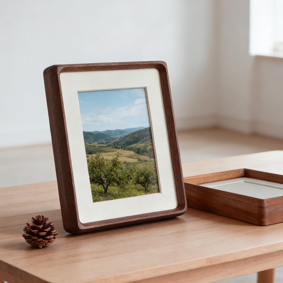 3x5 Solid Wood Picture Frame with Mat, Walnut Wooden Photo Frame with Tempered Glass, Tabletop or Wall Mounted Display BST220