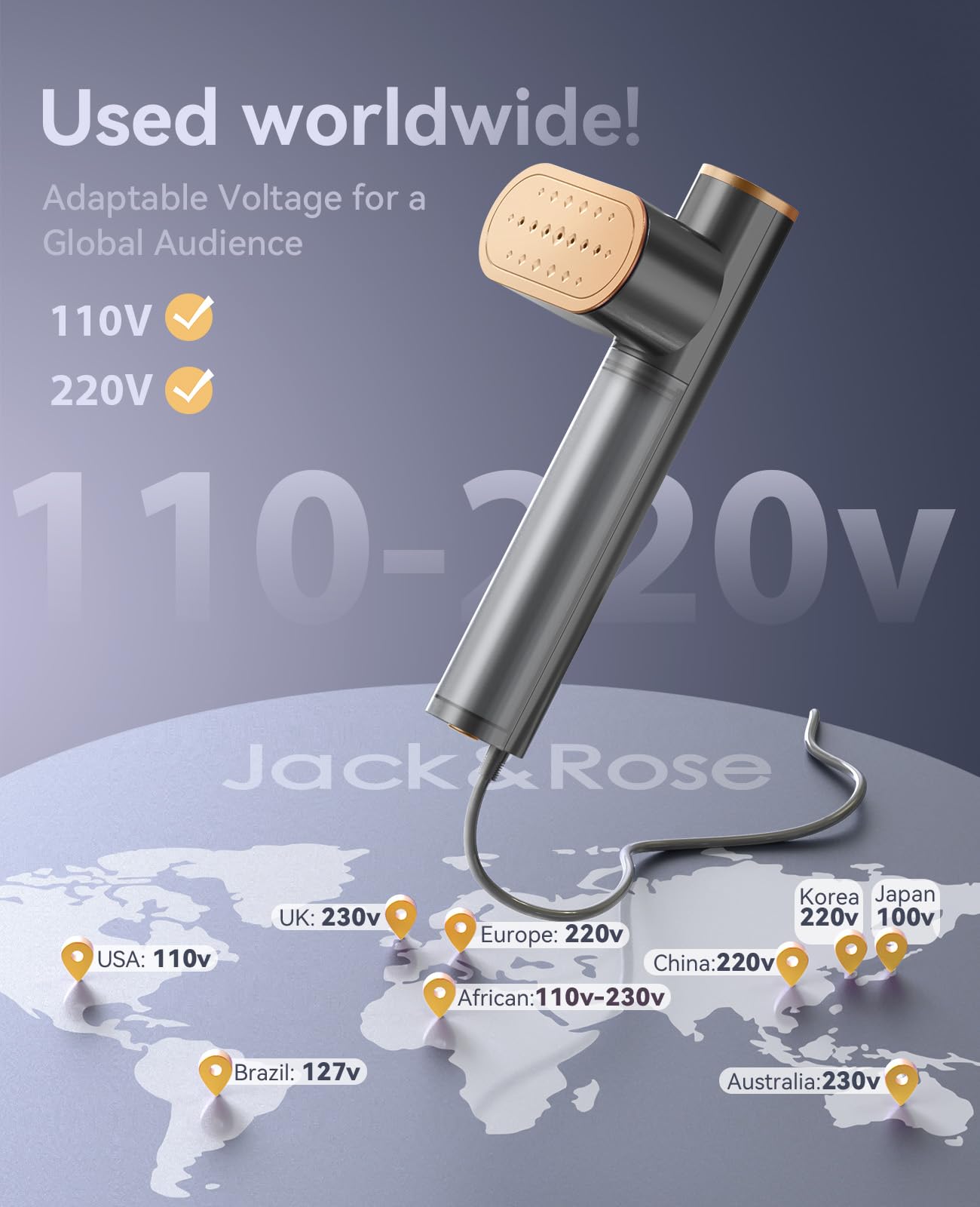 Jack ＆ Rose Travel Steamer for Clothes,100-220V Portable Iron,15s Heat Up,Steamer ＆ Iron 2 In 1, Travel Size,Large Ceramic Heat Panel,for Global and Europe