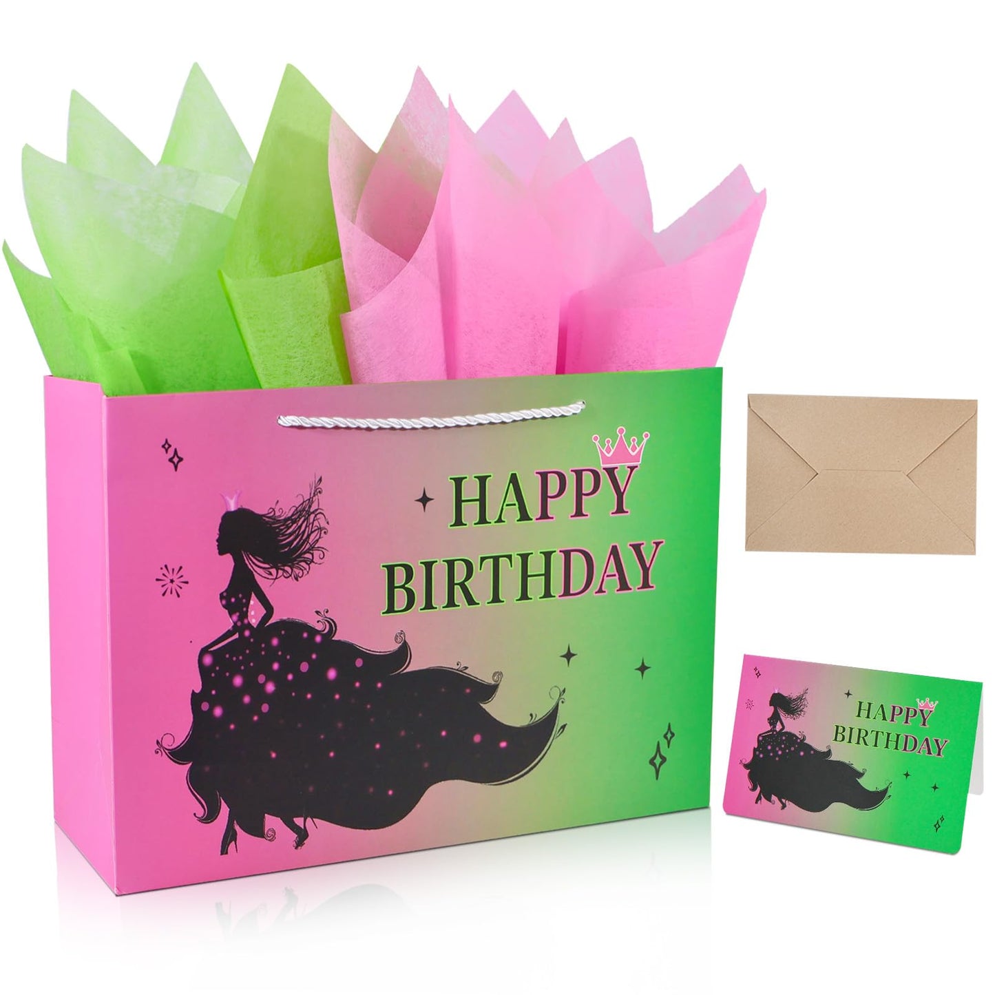 Kecorax Birthday Gift Bag for Women, 14" Large Birthday Bags Set for Girls with Tissue Paper, Card and Ribbons, Suitable for Birthday-themed Parties BST220