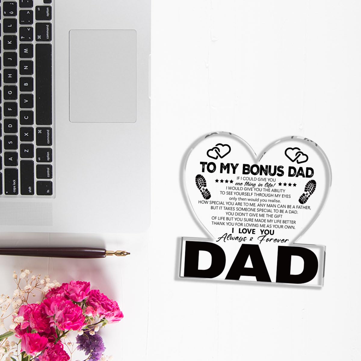 Fathers Day Bonus Dad Gifts Best Stepdad Gifts from Stepdaughter Stepson Funny Birthday Gift for Stepfather Heart Acrylic Sign Decor 4 X 4 Inches BST202