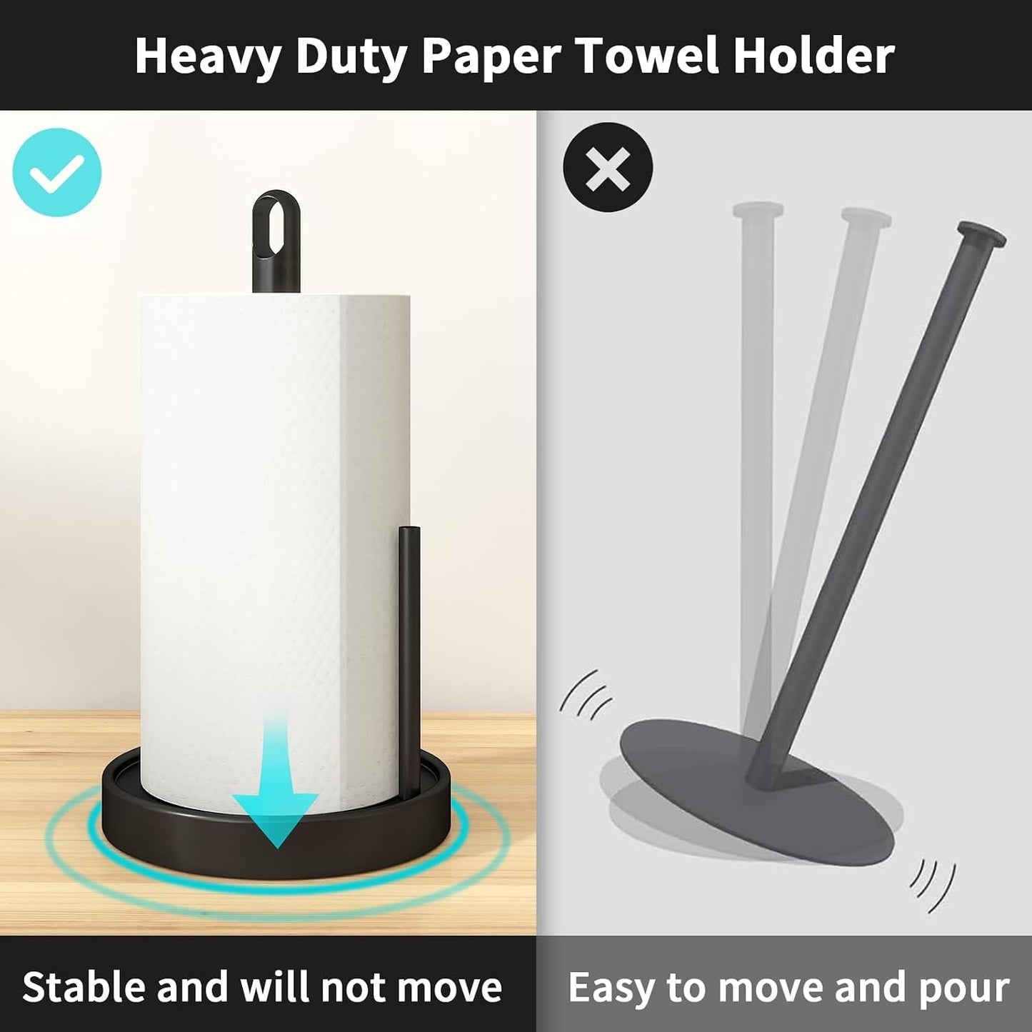 STWWO Paper Towel Holder Countertop, Freestanding Paper Towel Holder, Black | Paper Roll Holder with Anti Slip Weighted Base, Stainless Steel Heavy Duty Papertowel Holder, Kitchen Roll Holder BST326H