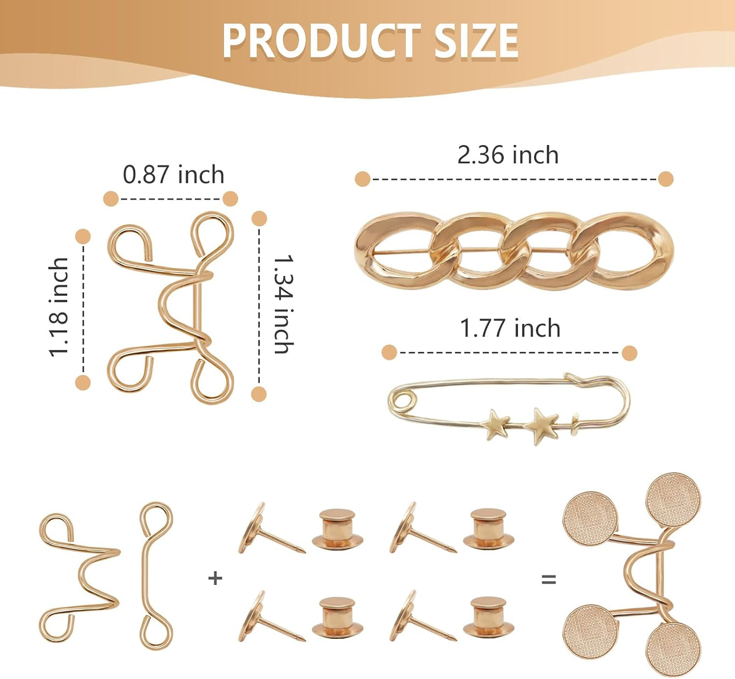Frutain 8 Set Pant Waist Tightener Buttons Pins for Loose Jeans Gold | Reusable Waist Cincher Pants Clip to Waistband Tightener Metal Star Brooch for Women Clothing Dresses Skirts No Sewing Tools BST326L