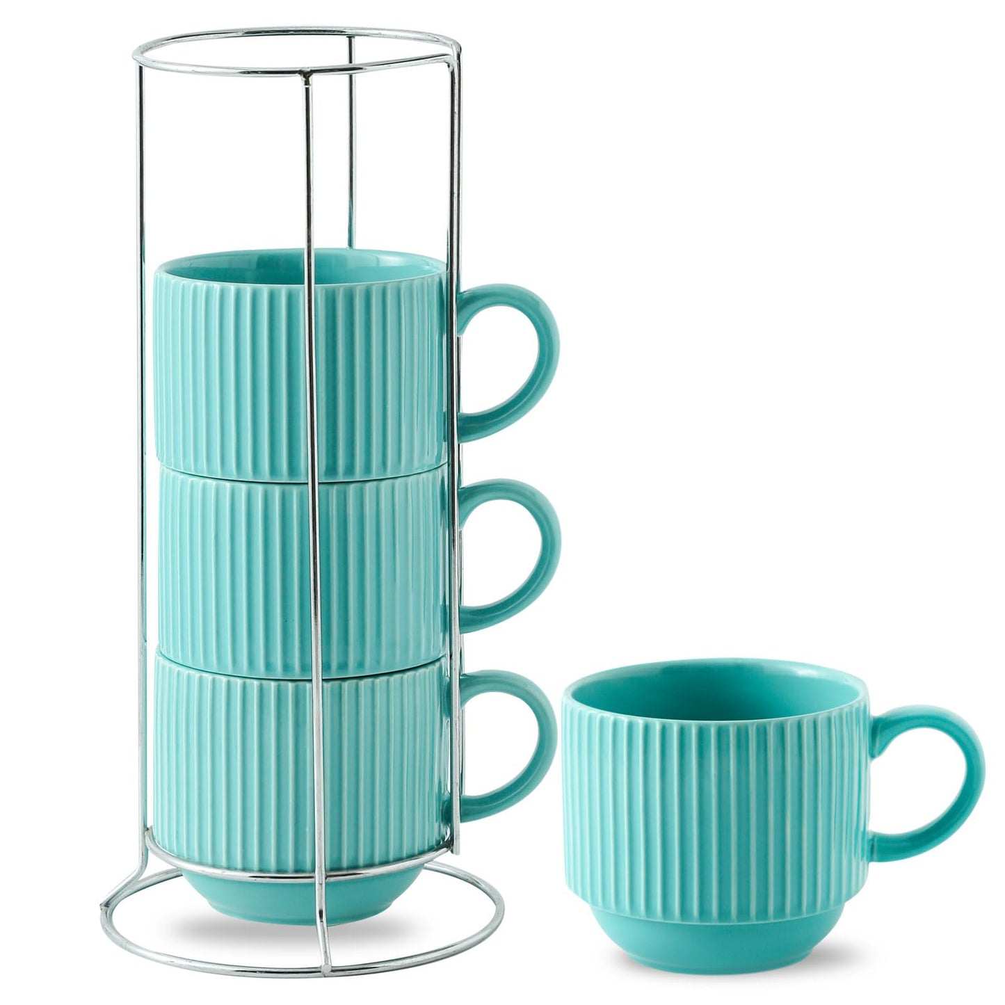 HASENSE 15 oz Ribbed Stackable Coffee Mug Set of 4, Porcelain Latte Cups with Metal Rack, Dishwasher & Microwave Safe, Cappuccino Tea Hot Cocoa, White BST220