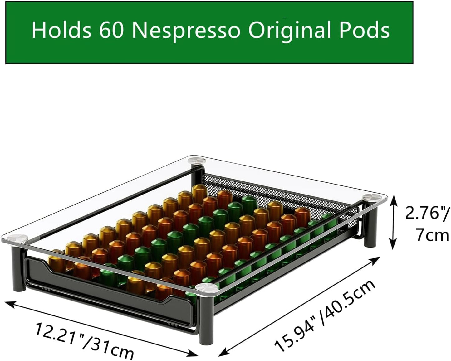 SEVENLINE Crystal Tempered Glass Coffee Pod Storage Drawer Compatible with Nespresso OriginalLine Capsules Holder 60 Original Line Pods Holds Kitchen Organizer BST220